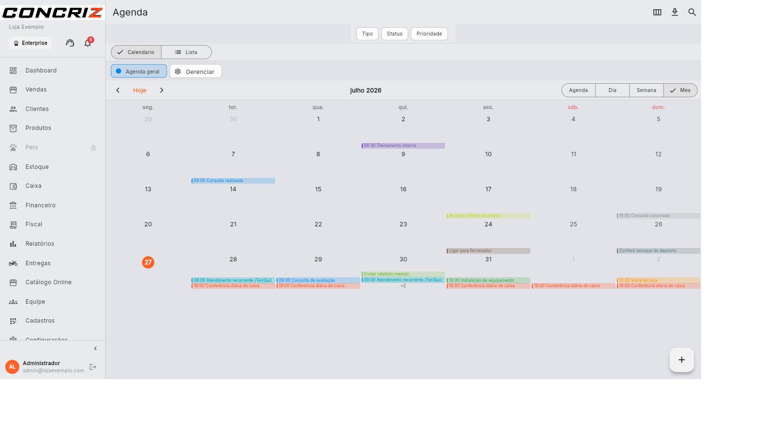 Agenda em visão de mês com compromissos e os seletores de visão e filtros