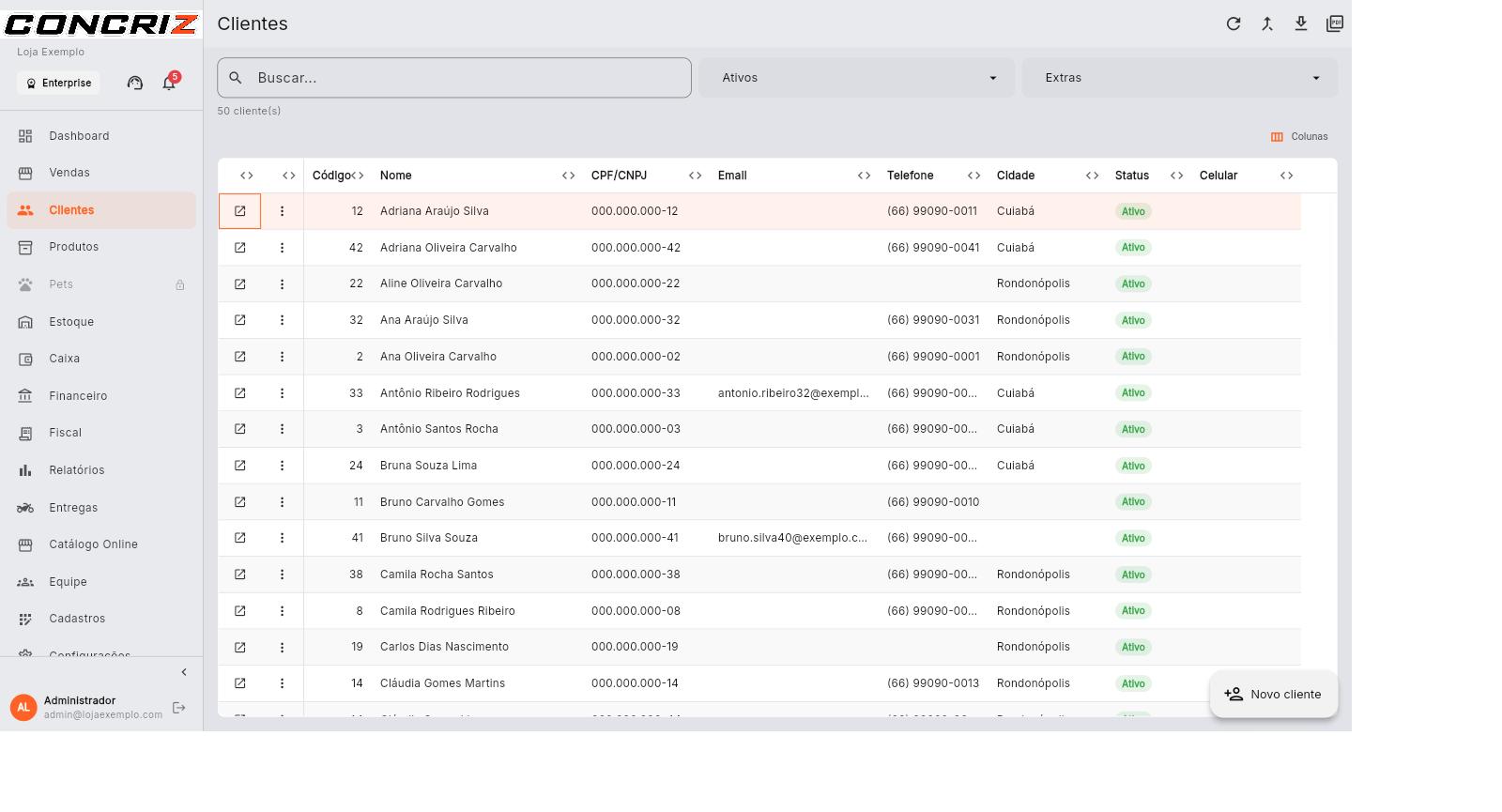 Lista de clientes com os filtros de busca, status (Ativos) e Extras
