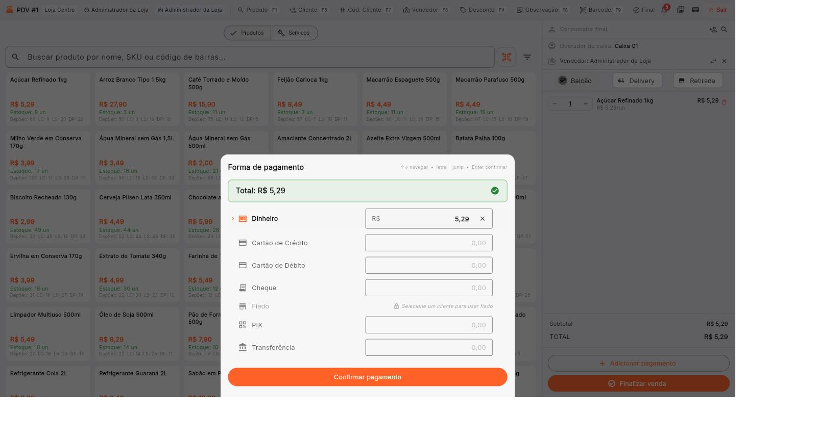 Janela de forma de pagamento com dinheiro, cartões, cheque, fiado, PIX e transferência