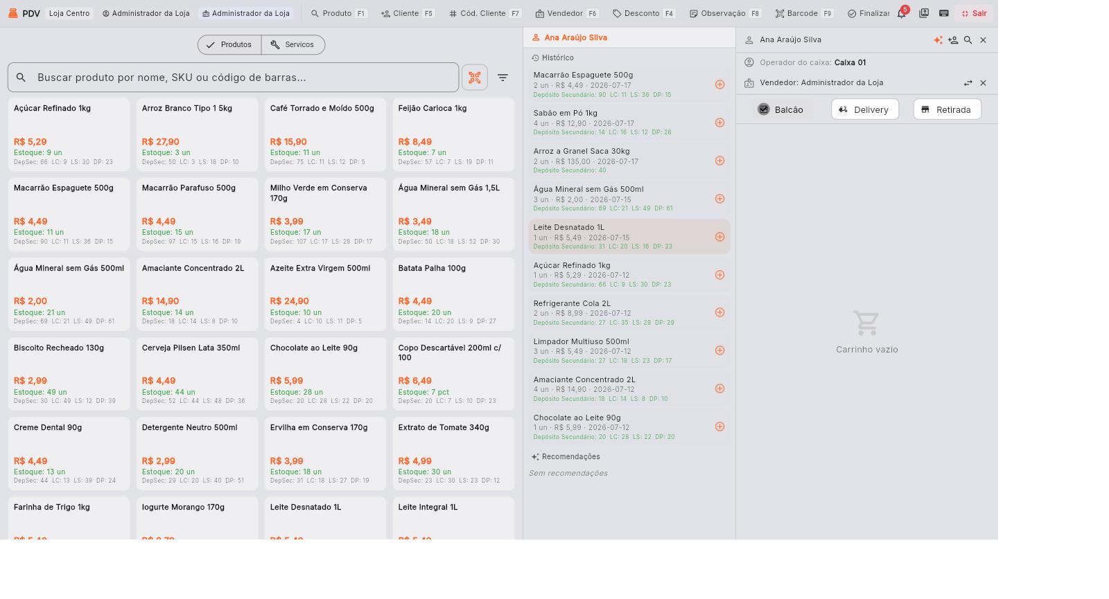 PDV com o cliente vinculado e o painel de histórico de compras do cliente