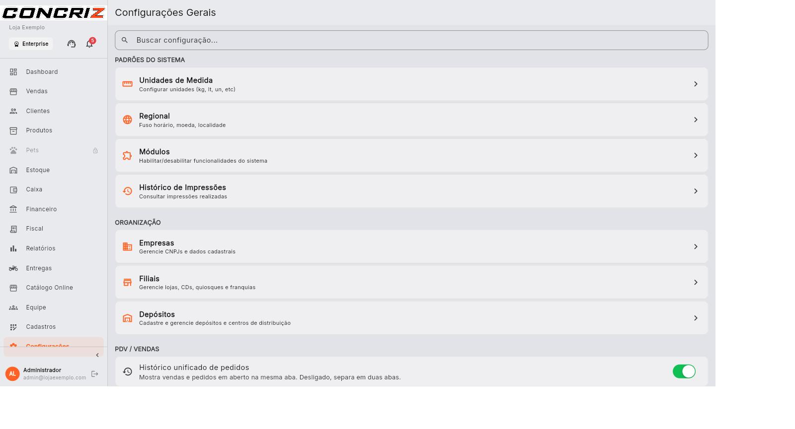 Tela de Configurações Gerais com busca, seções e um toggle ativo